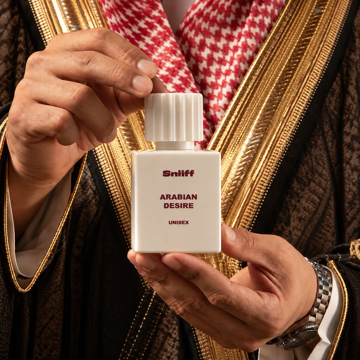 Sniiff Arabian Desire 30ml Oud parfum – held in traditional attire