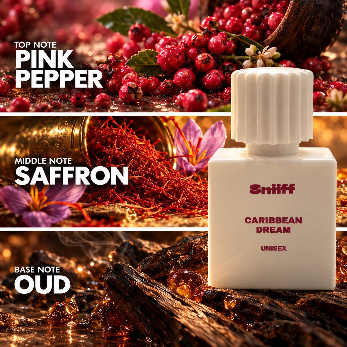 Sniiff Caribbean Dream 30ml Oud parfum – notes: pink pepper, saffron, oud