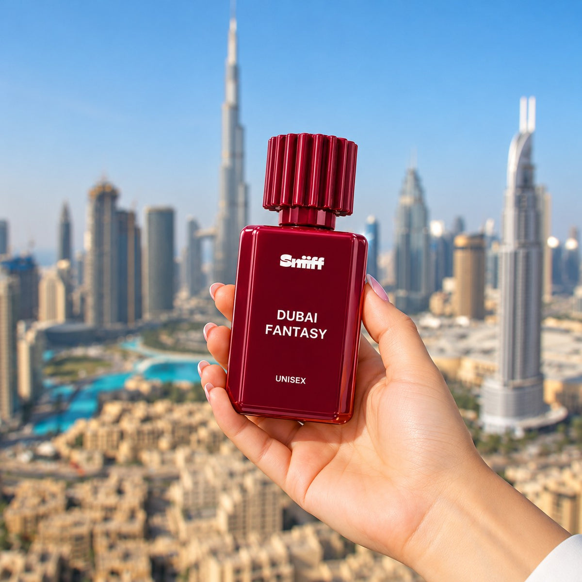 Sniiff Dubai Fantasy 100ml Oud parfum – held over the Dubai skyline