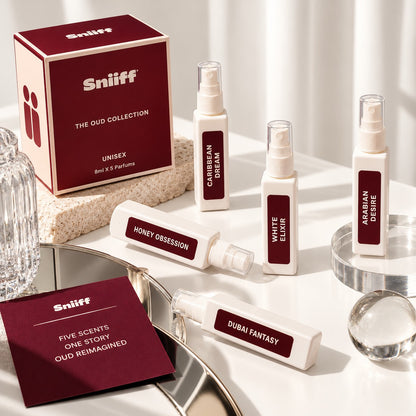 Sniiff The Oud Collection – box and parfums still life