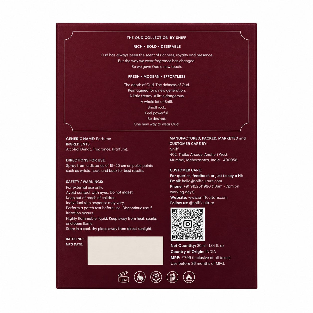 Sniiff White Elixir 30ml Oud parfum – box back label
